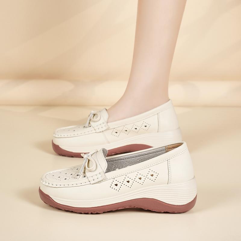 Women Platform Loafers Grey Summer Hollow Casual Elegant Leather Shoes Thick Sole Height Increase Shoes