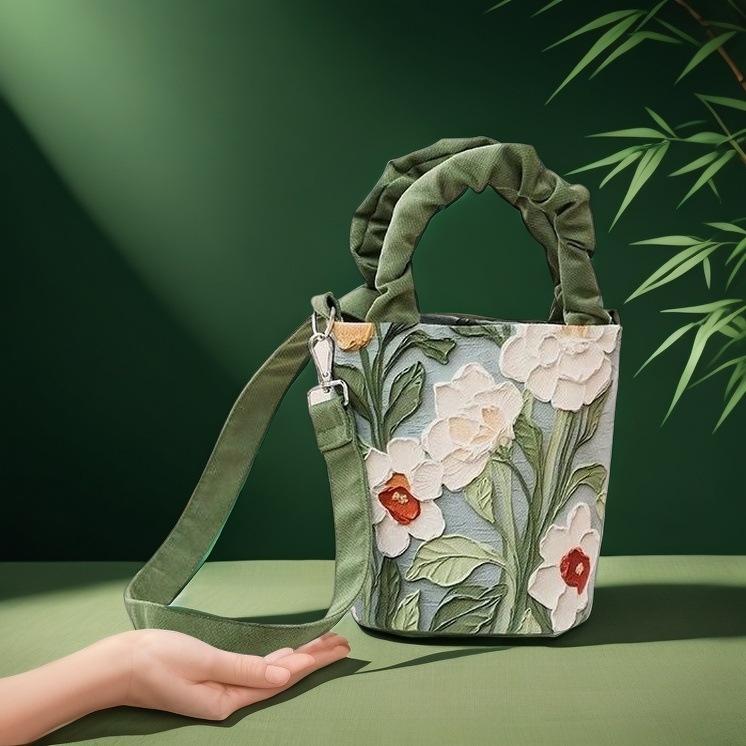 Oil Painting Floral Bucket Bag Canvas Ruched Handle Women Crossbody Shoulder Bag
