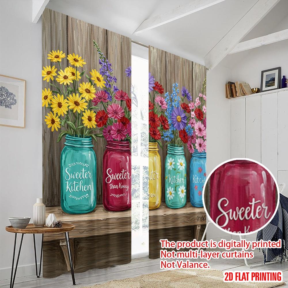 2pcs 2D flat printing Curtains Kitchen Flowers Mason Jars 100% Polyester Without Electricity Seasonal Party & Holiday Decor