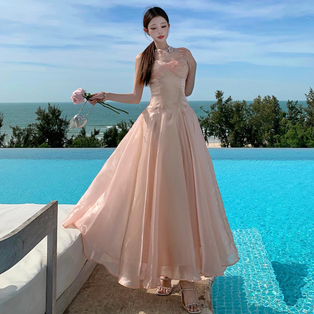 French Sweet Pink Suspender Dress, High-end Gloss Waist Birthday Dress, Beautiful Skirt by the Sea