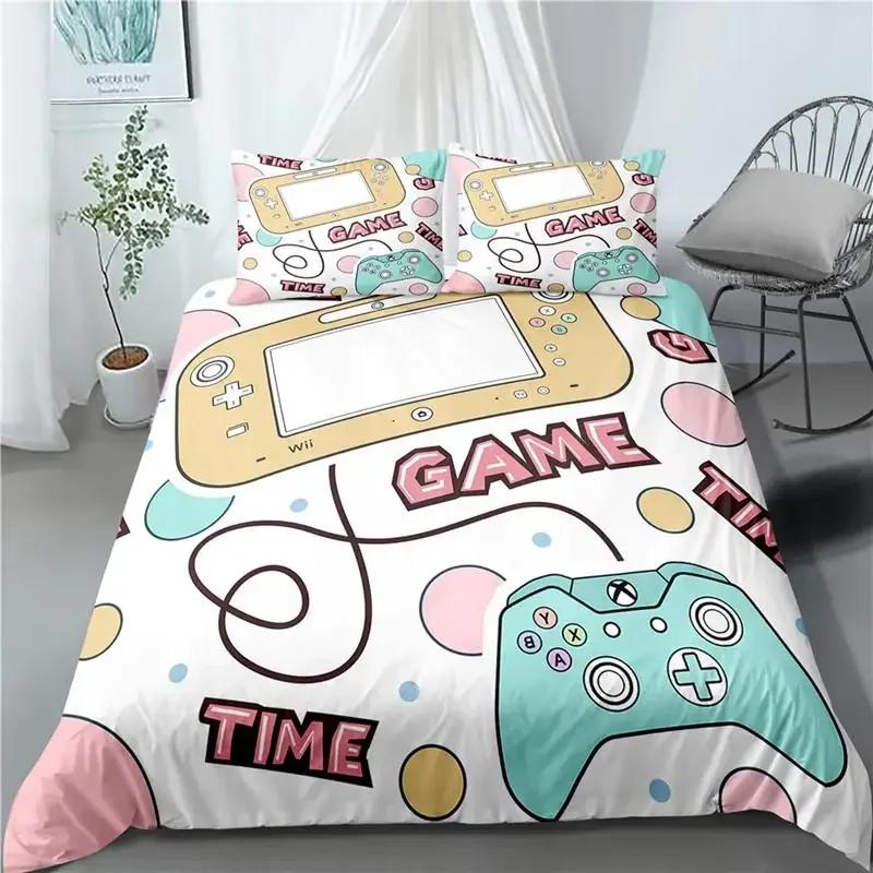 Gaming Bettbezug Set Gamer Zimmer Deko für Jungen Kinder Teenager Videospiele Einzelbettwäsche Set Mikrofaser Gamepad Let's Play Bettdeckenbezug
