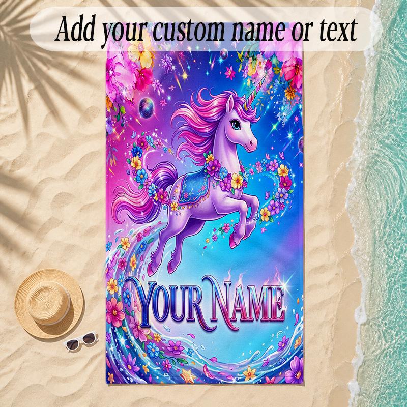Unicorn Theme Soft Beach Towel Personalized Custom Name Text Towel Portable for Beach Pool Travel