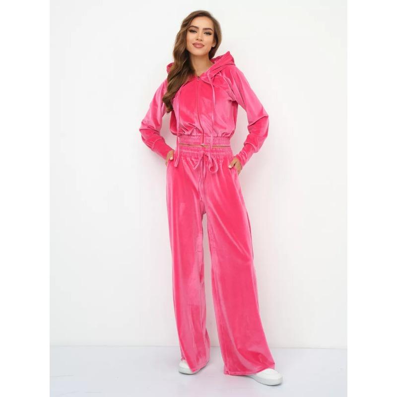 Women Casual Solid Color Zip Up Hooded Sweatshirt Wide Leg Pants Two Piece Set