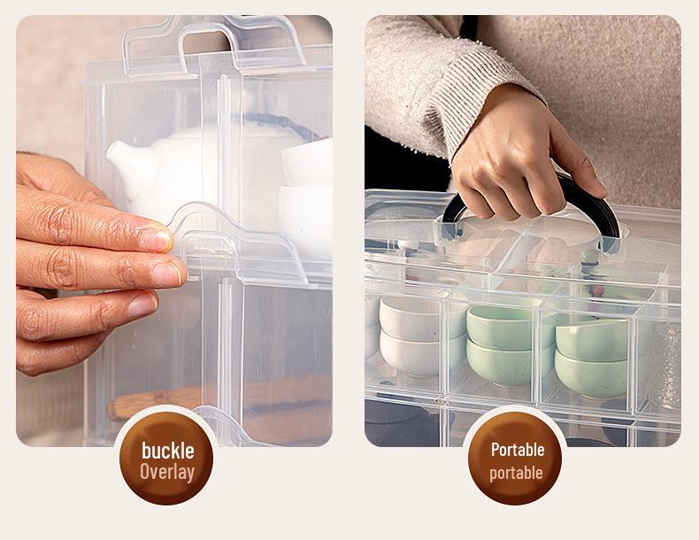 Stackable Multi-Layer Tea Set Storage Box with Handle - Dustproof and Portable for Cups and Coffee Table