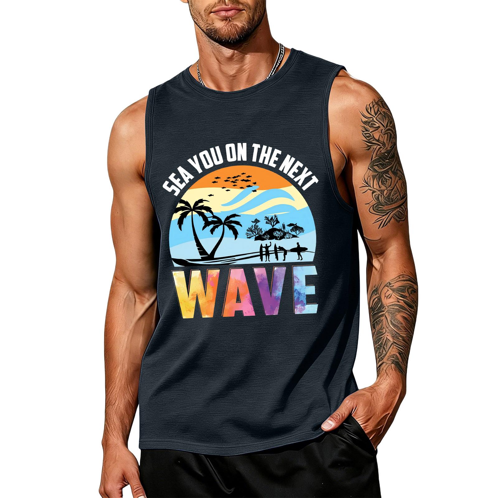 

Mens Sleeveless Tank Top Crew Neck Casual Fit Surfer Print Lightweight Summer Beach Shirt for Outdoor Sports Fitness M
