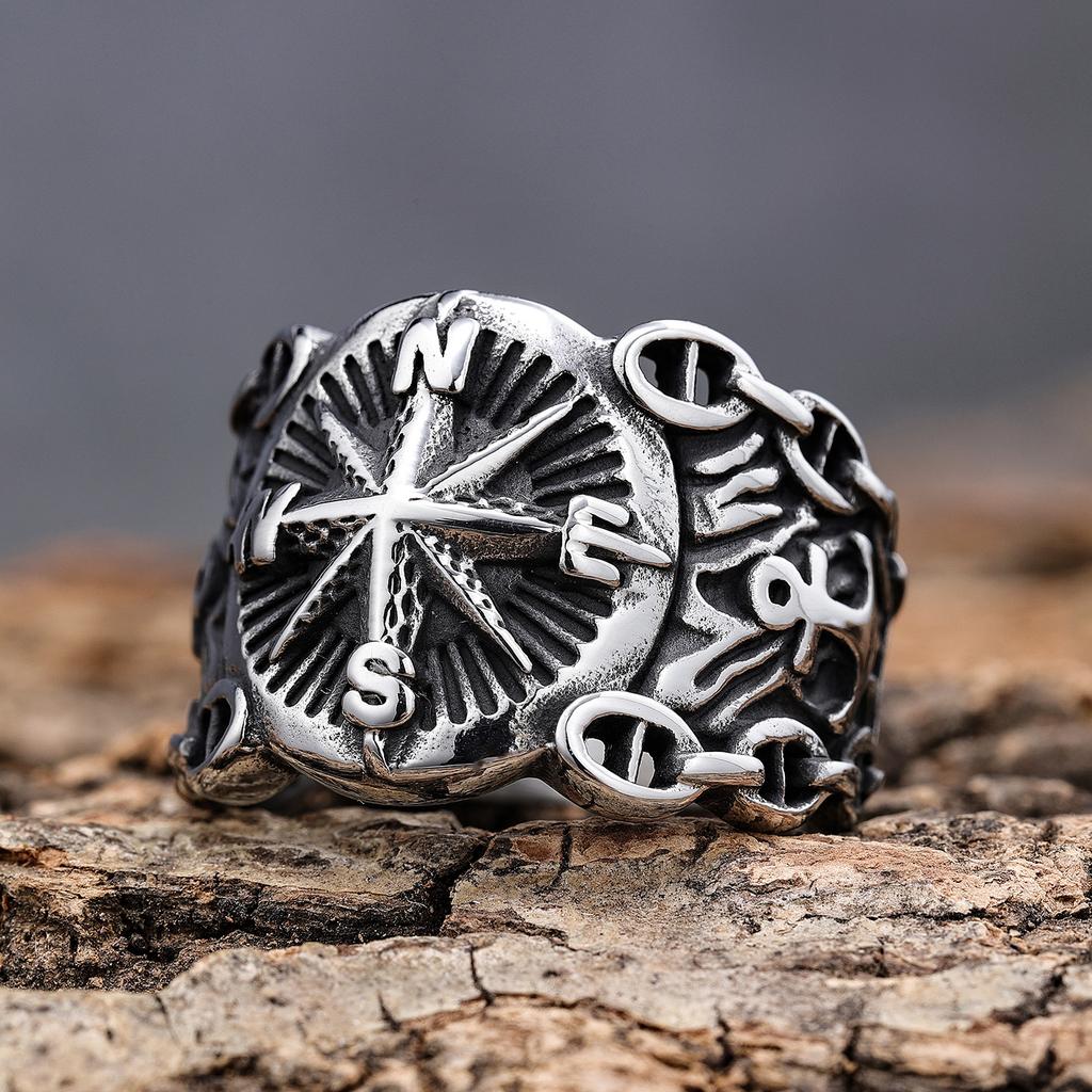 Retro Sailor Navigation Compass Ring For Men Punk Gothic Rock Hiphop Open Ring Handmade Zircon Bikers Accessories Unisex Gift