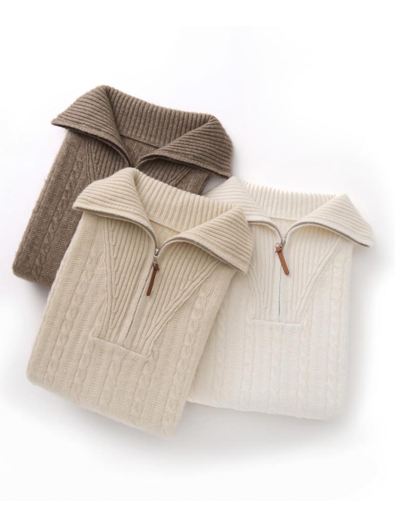 Little He Women's Half-Open Lapel Cashmere Sweater, Cable Knit, Seven-Gauge Thickened Wool, Simple Winter Wear