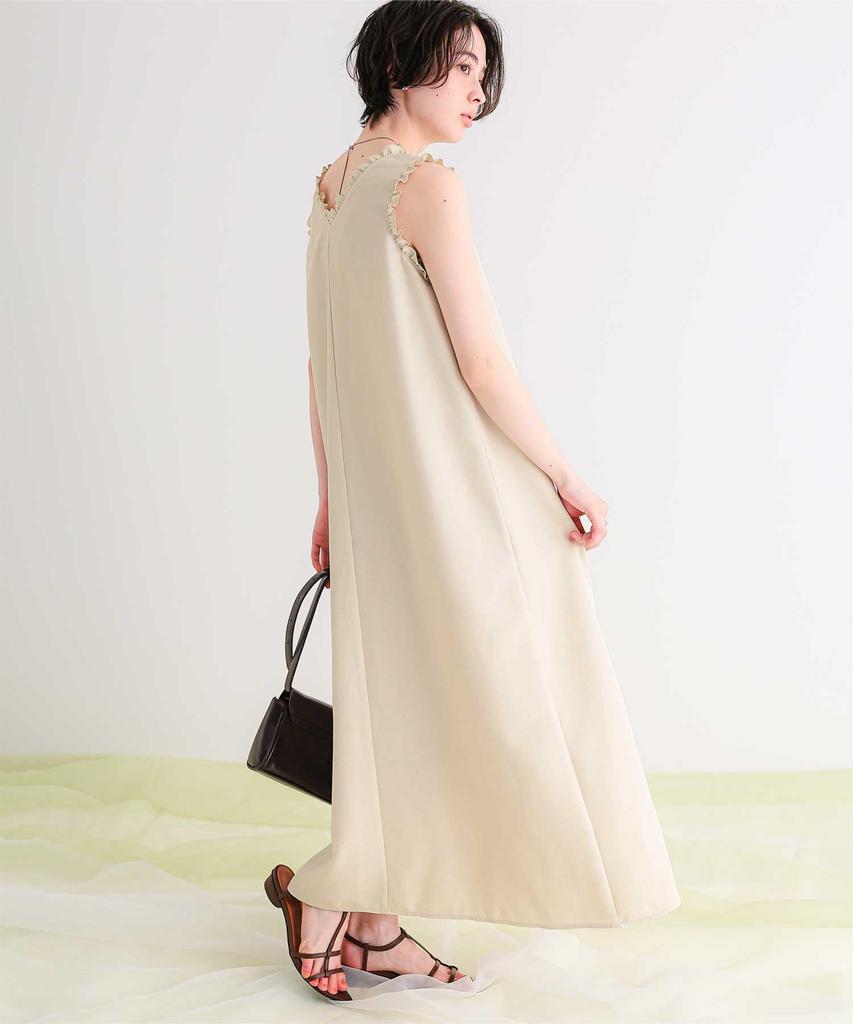 Frill Design Sleeveless Dress AHXN2376 L Ivory [Titivate] Linen-like V-neck Women's