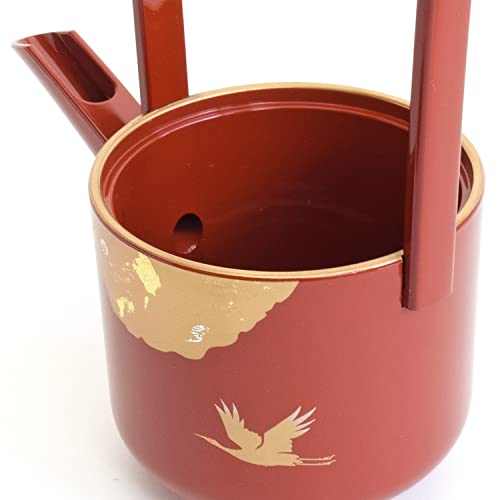 Maeju Lacquerware Toso Set, Shining Vermilion Red with Crane and Phlogopite Design, Includes Sake Cup, Choshi, and Toso Stand, Traditional Craftsmansh