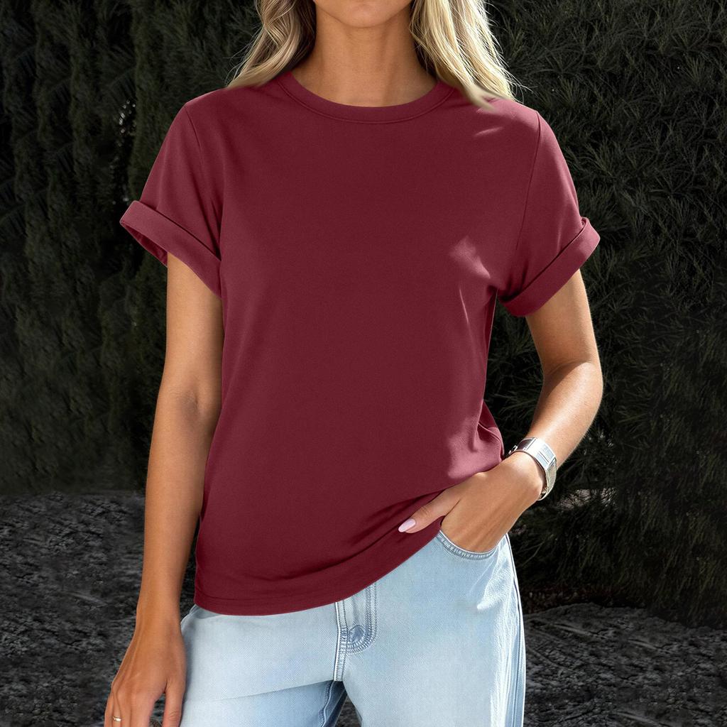Womens  Casual Rolled Short Sleeve Basic Tees Fashion Tops