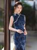 1011 new improved blue sleeveless national style new Chinese long young Jiangnan retro slim and thin cheongsam