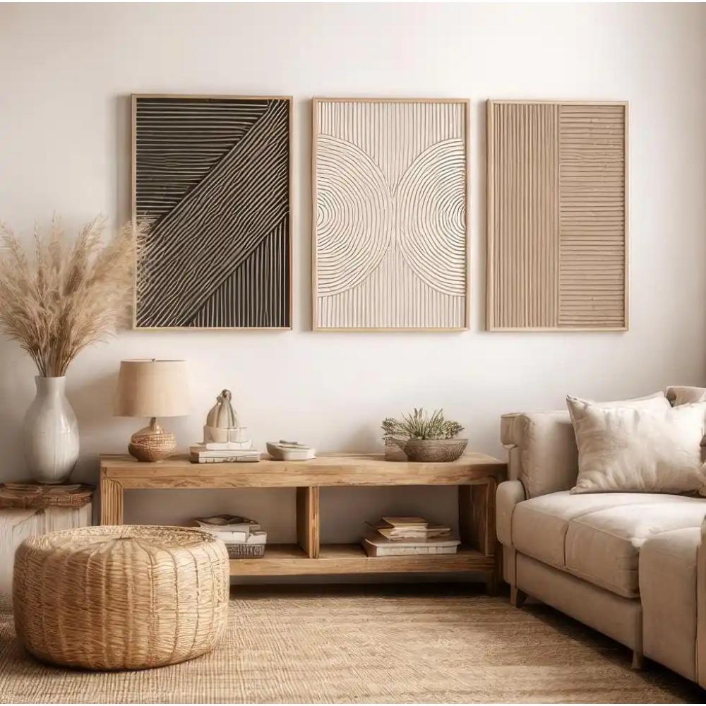 Set di 3 Triptico Minimalista Beige Nero per Parete, Stampe Astratte Geometriche Neutre Boho Japandi Decorazione Murale Moderna Poster su Tela