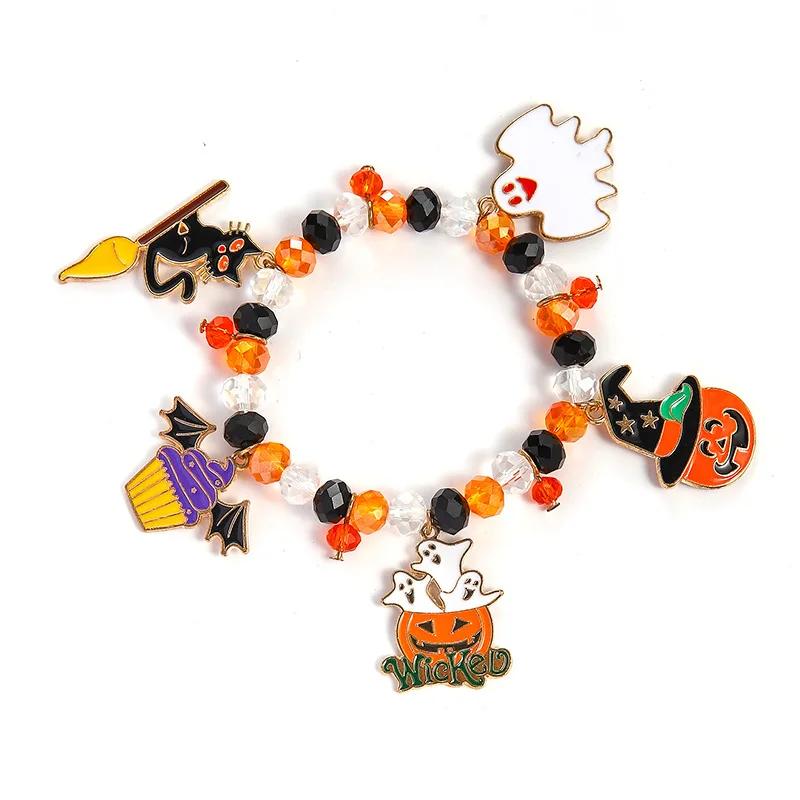 

Funny Halloween Crystal Beaded Bracelet for Women Cartoon Pumpkin Black Bat Ghost Spider Web Beads Bracelets Party Jewelry Gift