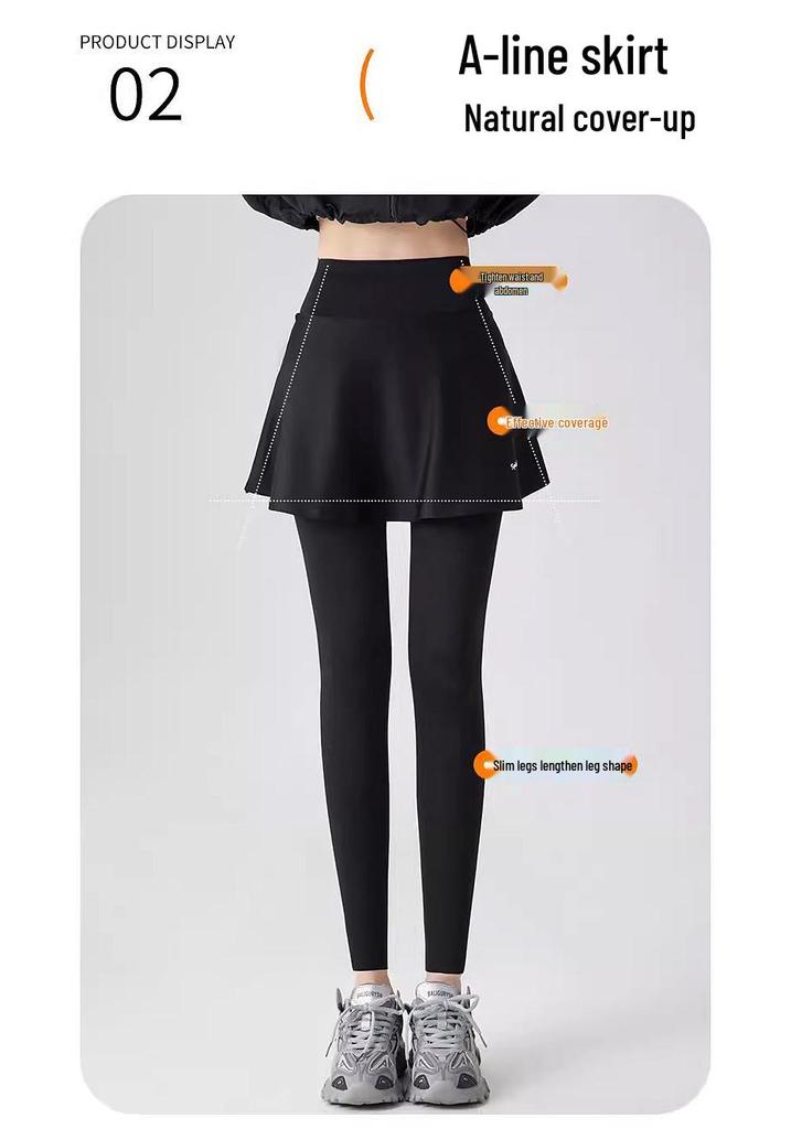 Women's Faux Two-Piece Fleece-Enhanced Shark Pants: Yoga-Style Pleated Skirt and Tights for Spring, Autumn, and Winter.