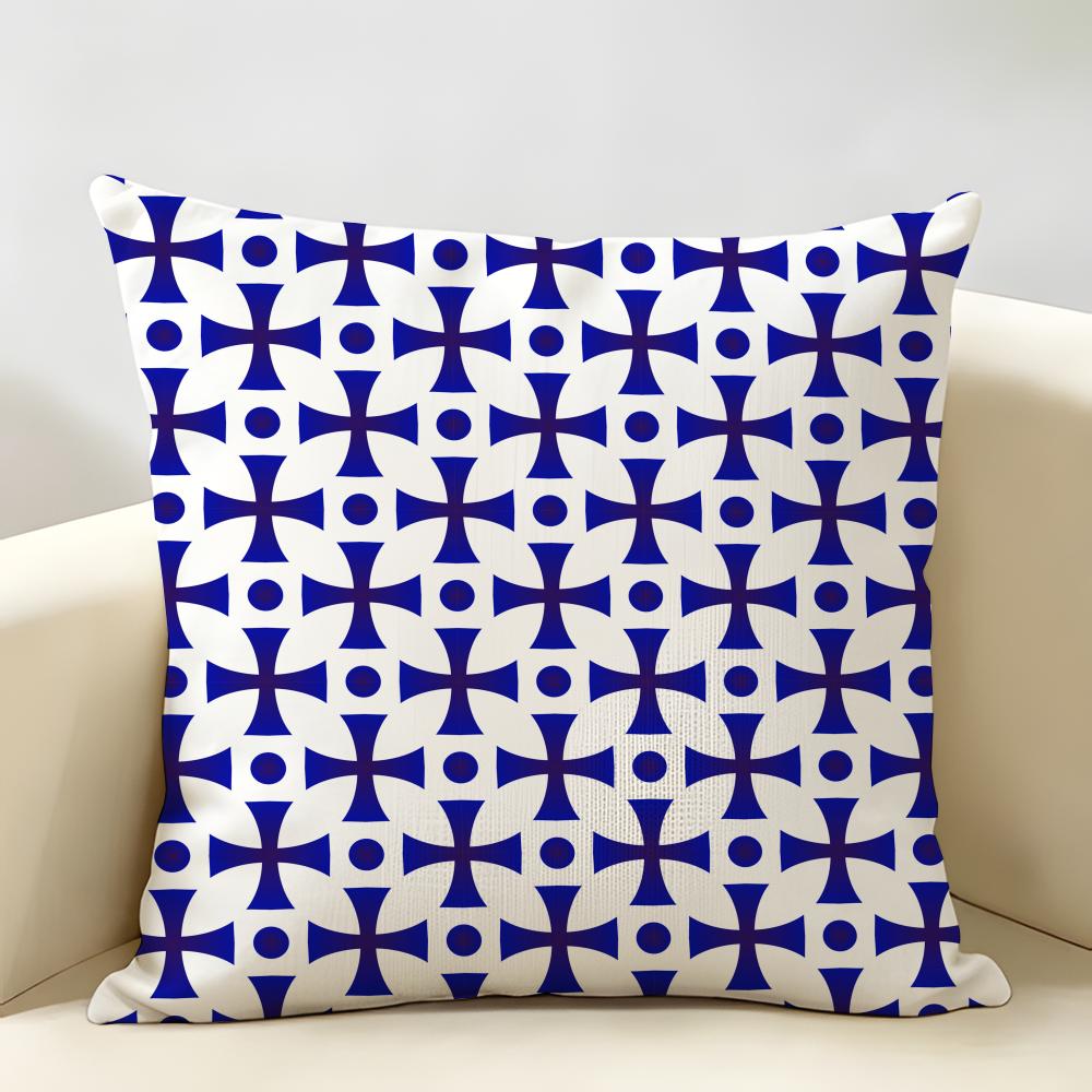 Blue And White Geometric Cushion Cover Durable Hypoallergenic Organic Linen Short Pillow Cover Washable