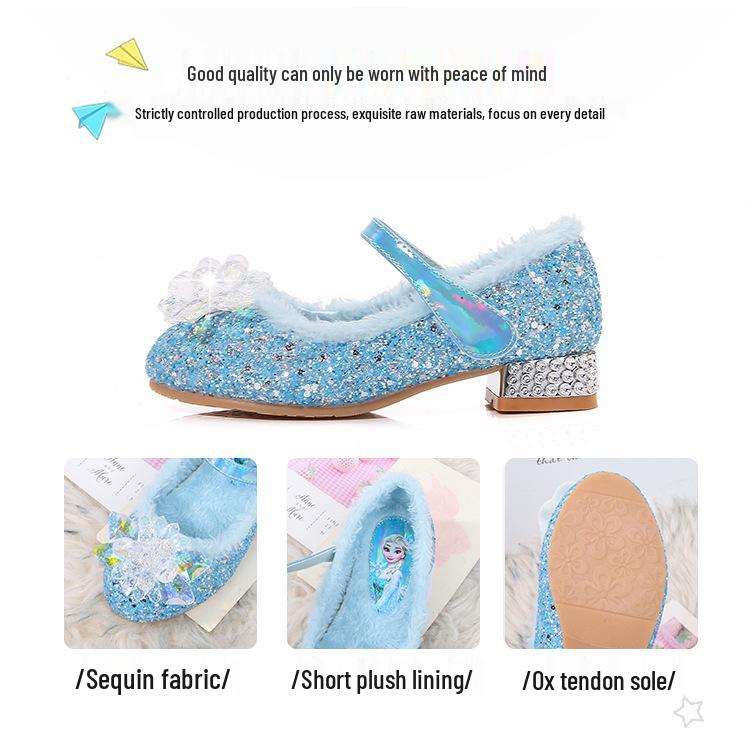 Elsa Princess Crystal High-Heeled Furry Velvet Children's Shoes - 2024 Autumn/Winter Collection