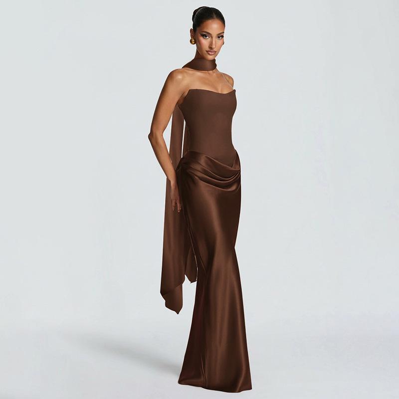 European Waist-Cinched Solid Color Strapless Satin Bodycon Dress with Lace-Up Ribbon