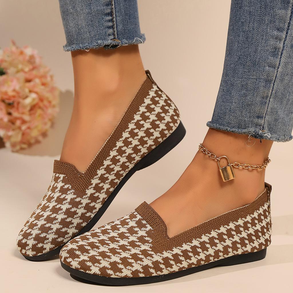 Women Flats 2024 New Round Toe Flat Shoes for Women Plus Size Shallow Sneakers Women Knitting Plaid Print Walking Loafers Shoes