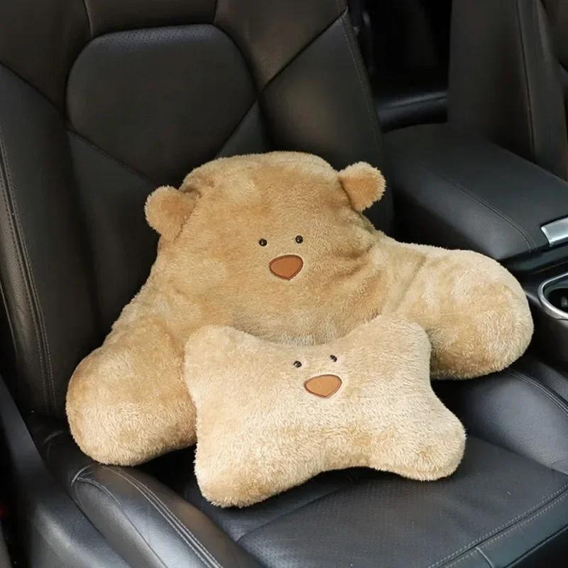 Plush Car Headrest Lumbar Support Lumbar Cushion Cartoon Bear Backrest Lumbar Pillow Car Comfortable Neck Pillow Car Accessorie