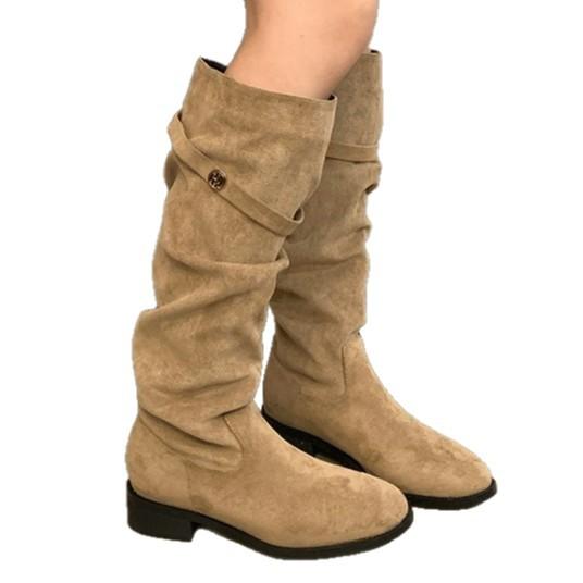 Coarse Heel Suede Khaki Pile Medium Tube Knight Boots Women's Shoes New Autumn and Winter Skinny Long Tube Long Boots