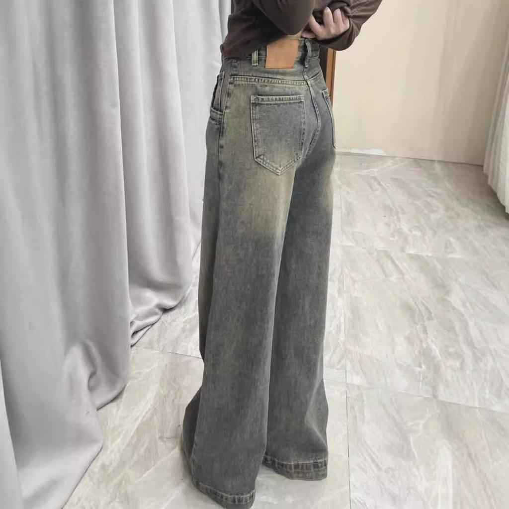 Retro Drape Wide-leg Jeans Women's Spring and Autumn High Waist Loose Mopping Straight Versatile Pants Look Thin and Tall