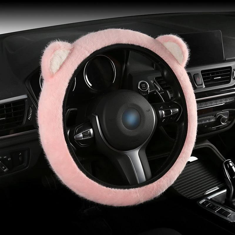 Plush Steering Wheel Cover Comfortable Warm Cartoon Print Waterproof Non-Slip Universal Fit for 14.57-14.96 Inch Steering Wheels