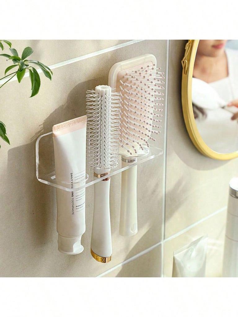 1pc No-Drill Bathroom Storage Shelf - Wall-Mounted Comb Holder With Anti-Slip Grid, Multifunctional For Toothbrush/Razor/Hair Clips