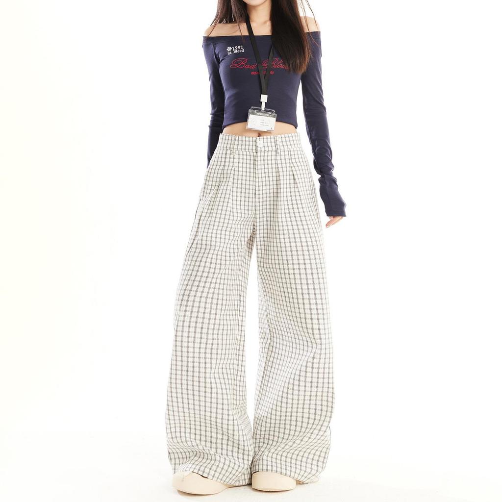 Women's High Waist Retro Plaid Casual Pants - Spring/Summer 2026 Collection