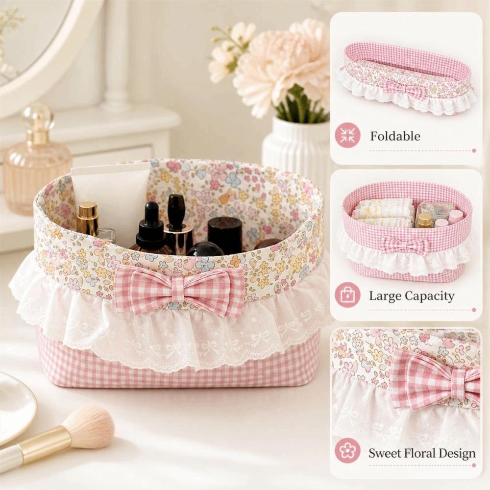 Portable Fabric Storage Basket Floral Pattern Desktop Organizer  Bedroom Storage