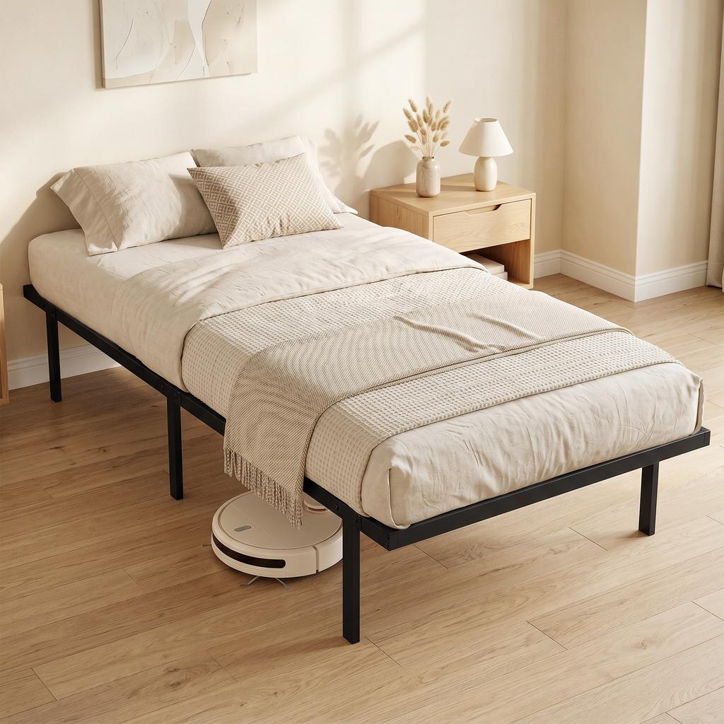 Struttura del letto, 90 x 200 cm Letto in metallo con spazio sotto il letto, Struttura in metallo con base a doghe, Non richiede rete a doghe