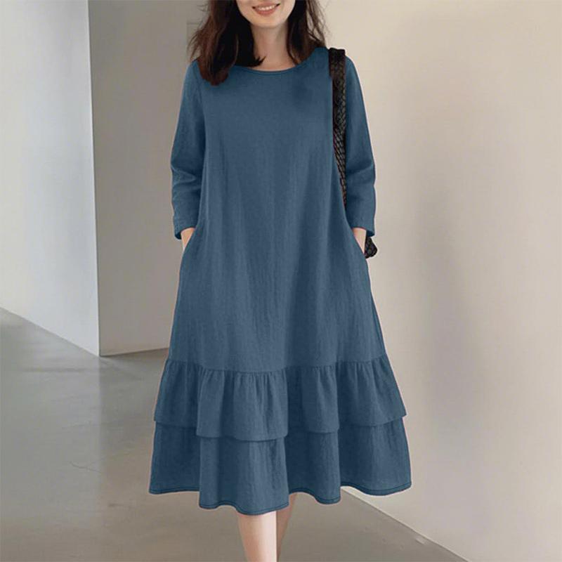 

ZANZEA Women Casual Round Neck 3/4 Sleeve Loose Ruffles Dress 5XL