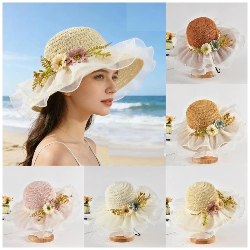 Summer Lace-Trimmed Straw Hat With Flower Decoration Large Brim Sun Protection Hat Beach Hat For Women On Seaside Vacation