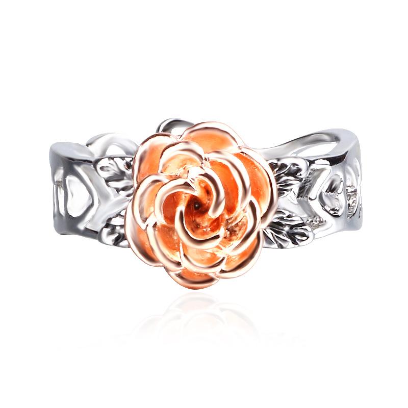 Fashion Plated Rose Gold Flower Ring European and American Retro Plated Silver Color Separation Engagement Wedding Ring