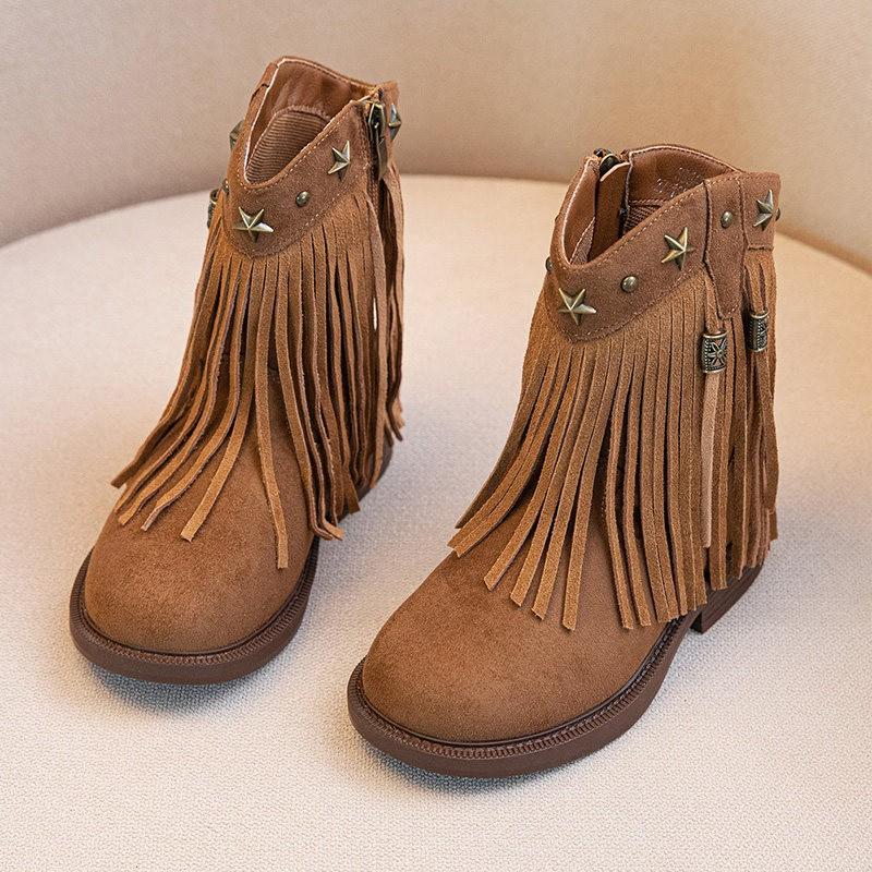 Youth Style Shoes Girls Western Style Ankle Boots Kids Slip-On Fashion With Rubber Sole Fringe Detail