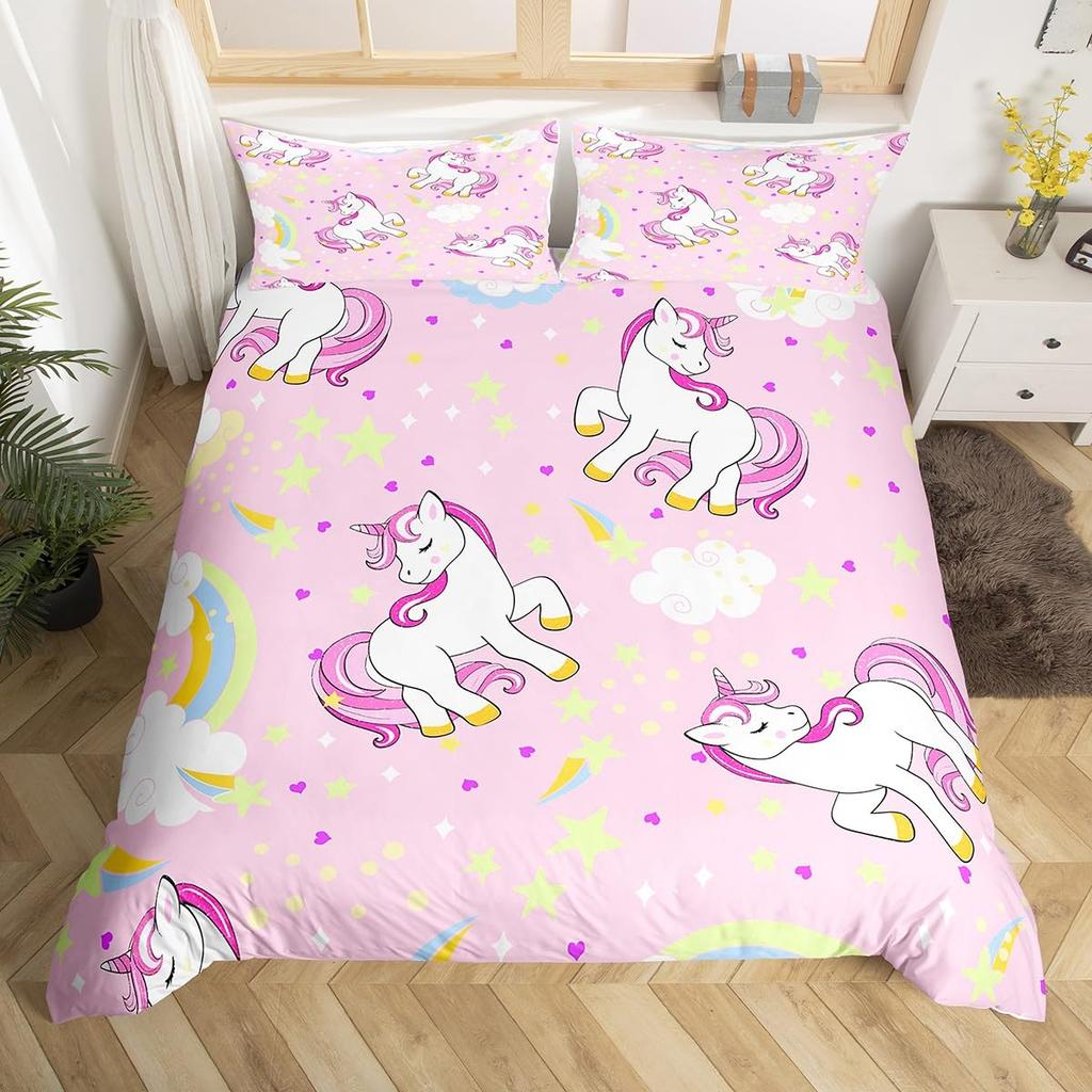 Unicorn Bedding Set Full QueenCartoon Rainbow Animal Comforter Cover Kids Girls Glitter Unicorn Duvet Cover Kawaii Quilt Cover