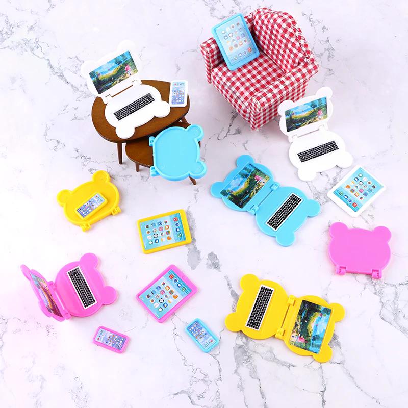 3pc/Set 1:12 Dollhouse Miniature Folding Laptop Model Computer Tablet Phone Set Doll House Office Scene Home Decor Toy