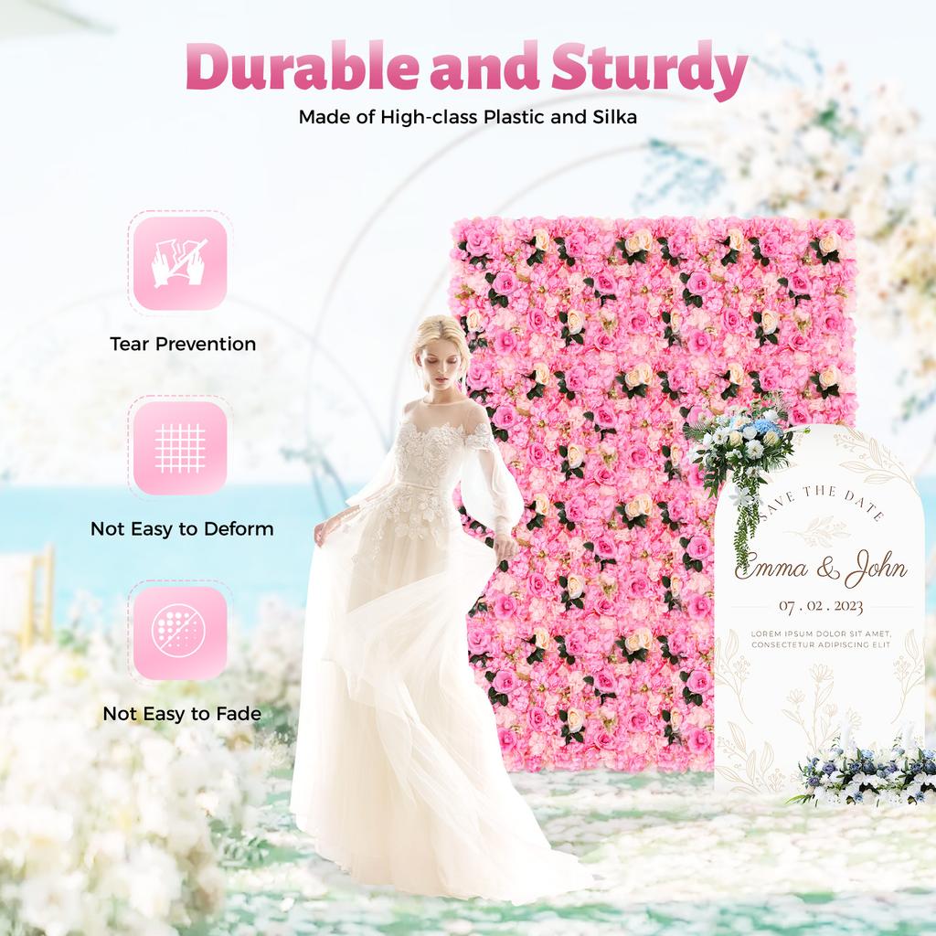 40 X 60 Cm 12Pcs Fake Rose Artificial Flower Wall Panels Set Silk Flowers Wedding Backdrop Home Party DIY Decoration (dark Pink)