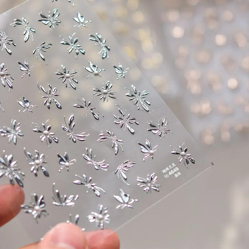 Gradient White Pink Butterfly Flower Shiny Stars Chic Spring Petal 5D Soft Adhesive Nail Art Stickers Decorations Manicure Decal