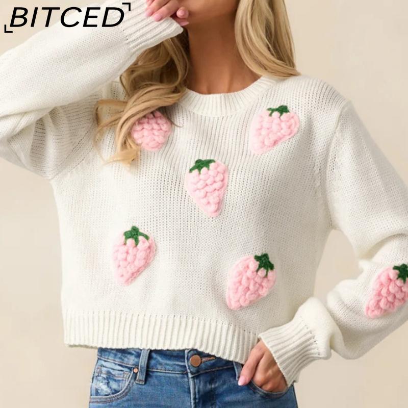 BITCED Pulover de toamnă/iarnă dulce cu model 3D de căpșuni, pulover pentru femei, top tricotat elegant cu mâneci lungi