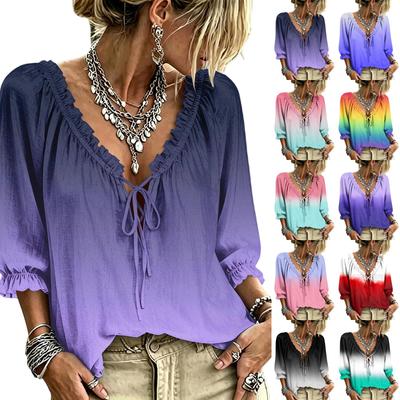 Women's V-Neck Gradient Print Ruffle Blouse with Tie