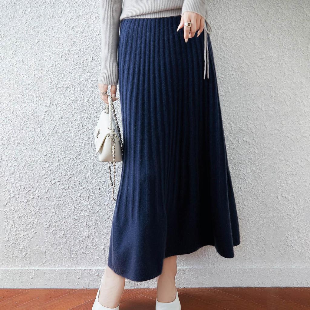 100% Wool Drapey A-Line Pleated Midi Skirt - Slimming and Large Swing Design for Spring and Autumn