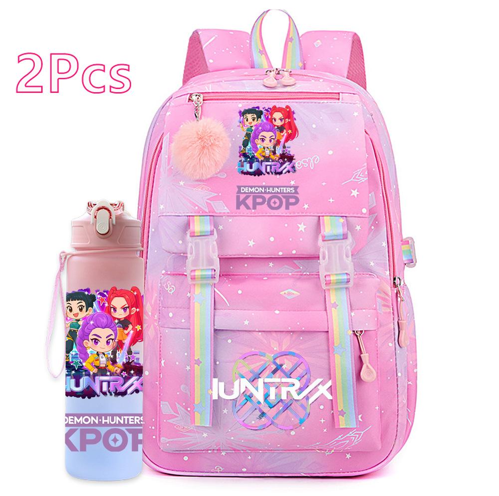 2Pcs/set Cartoon Kpop Printed Backpack with 750Ml Water Bottler for Teenager Girl Boy Bookbag Kid Gift Large Capacity Travel Bag Mochila