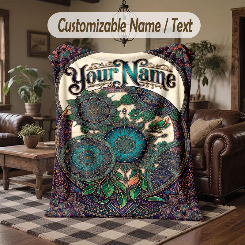 Bohemian Mandala Artwork Theme Throw Blanket Custom Name Text Personalized Blanket Soft Cozy Blanket for Home Sofa Bed