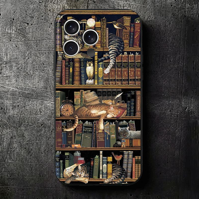 Cute Cat Bookshelf Interesting Soft Phone Case for iPhone 16 16E 17 Air 15 Pro Max 14 Plus 13 Mini 11 12 7 Black Cover Back Shel