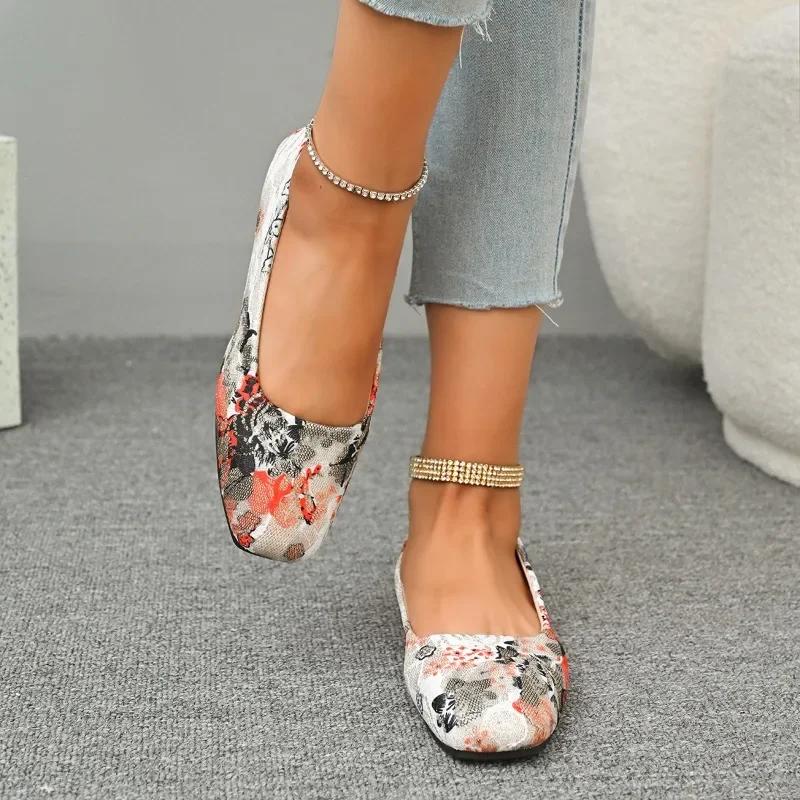Ladies Shoes Summer 2025 High Quality Fashion Women's Printed Square Toe Flats Soft Sole Casual Shoes Classic Comfortable Shoes