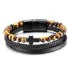 Stainless Steel Natural Tiger Eye Agate Cross Bracelet Men's Titanium Steel Multi-layer Woven Leather Bracelet