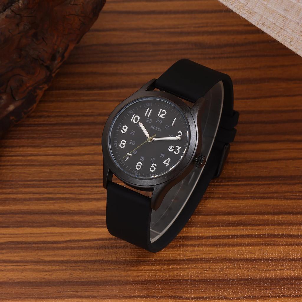BUREI Quartz Analog Simple Date Silica Gel Popular Gift Men's Watch, Design, Black, Display, Waterproof, Luminous, Lightweight, Strap, Unisex,