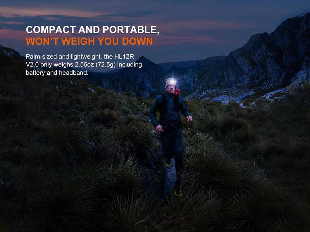 fenix HL12R 500 Lightweight IP66 Waterproof V2.0 Headlamp, USB-C Rechargeable, Built-in Lumens, 72.5g, (Gray)