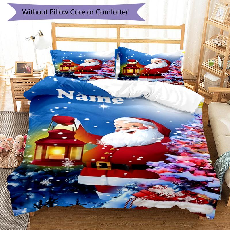 3pcs Custom Name Christmas Santa Claus Bedding Set Duvet Cover Closure Includes 1 Duvet Cover & 2 Pillowcases, Soft and Comfortable for All Seasons.