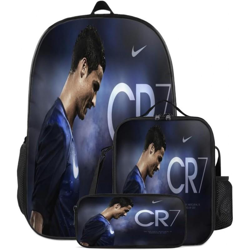 Conjunto de Mochila Escolar Infantil Estampada Cristiano Ronaldo Meninos Meninas 3 Peças Mochila de Tecido Oxford Com Lancheira Estojo